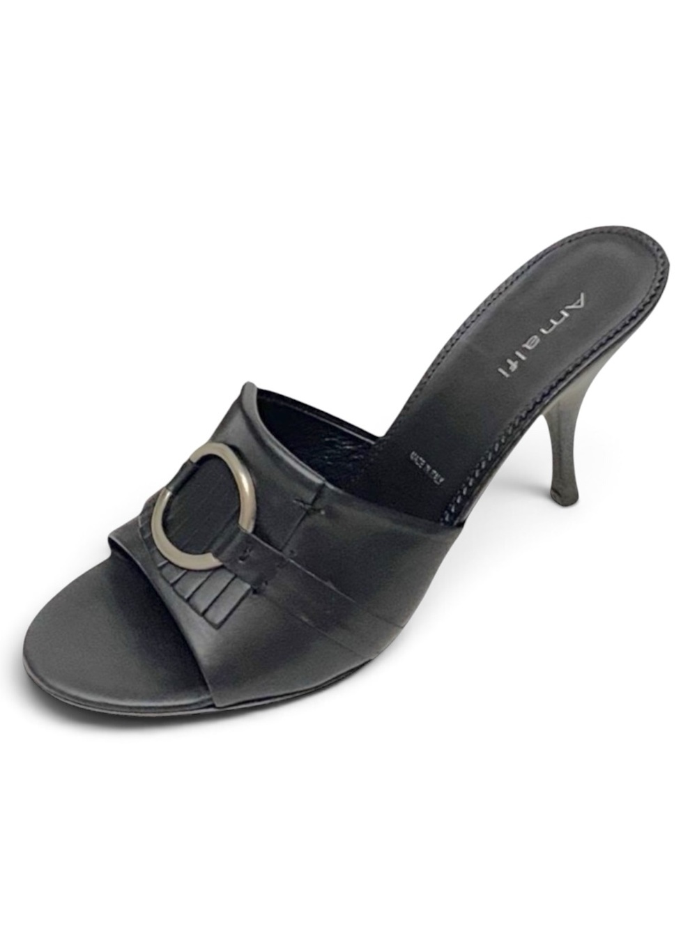 Amalfi Black Italian Leather Fringe kitten-heel mules
